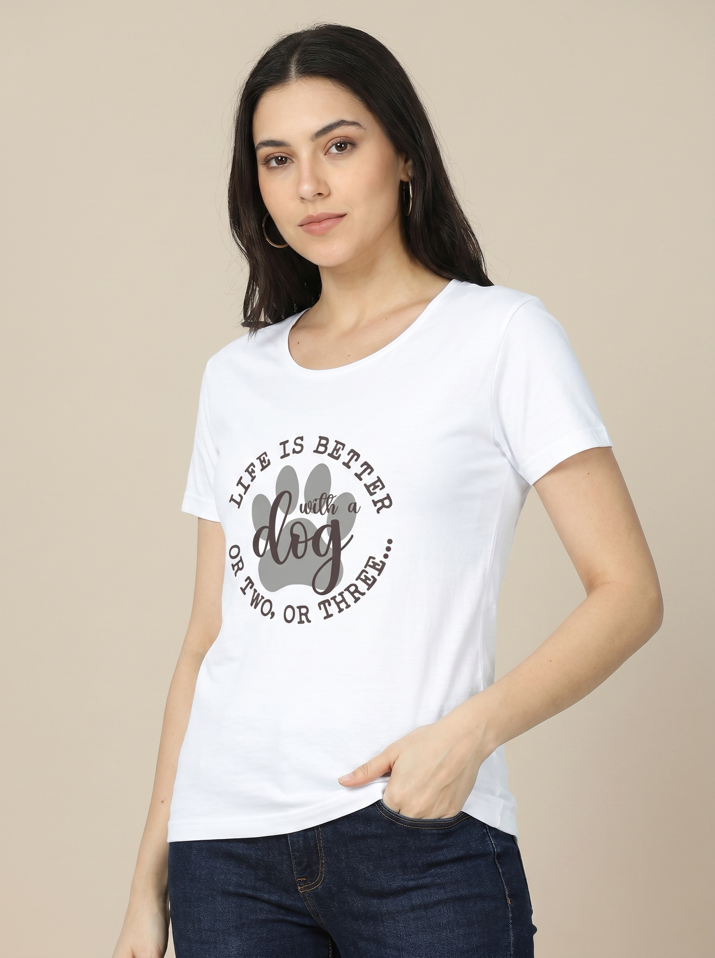 LIFE IS BETTER WITH A DOG, PAW PRINTED WOMEN'S CLASSIC TEE